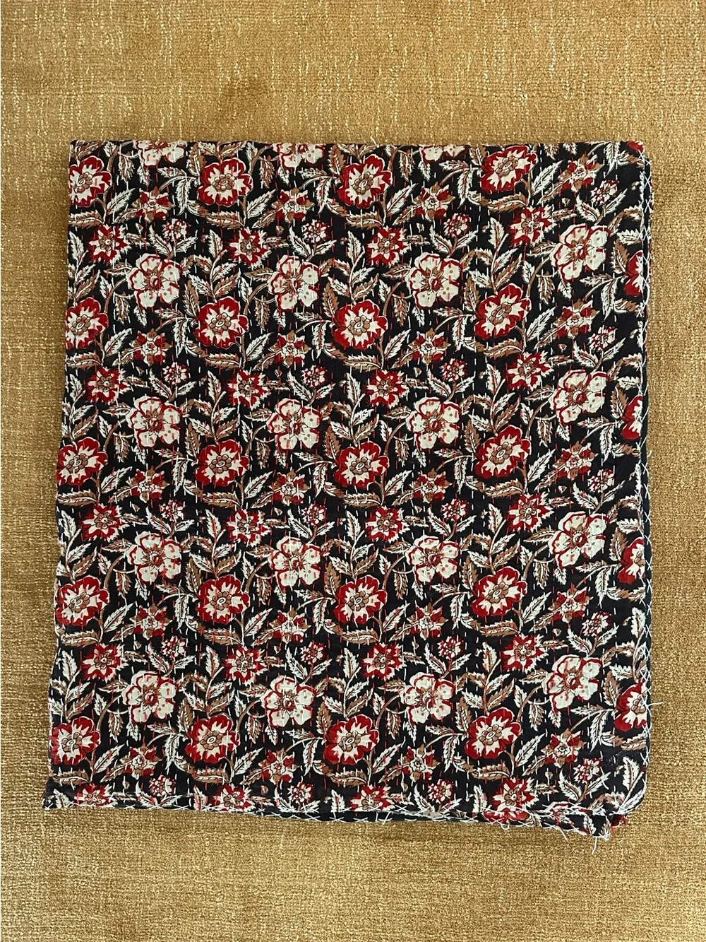Black and Red Floral Kantha Quilt